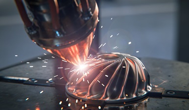 A 3D printer uses a laser to fuse metal powder, creating a detailed, turbine-like component with sparks visible during the additive manufacturing process.